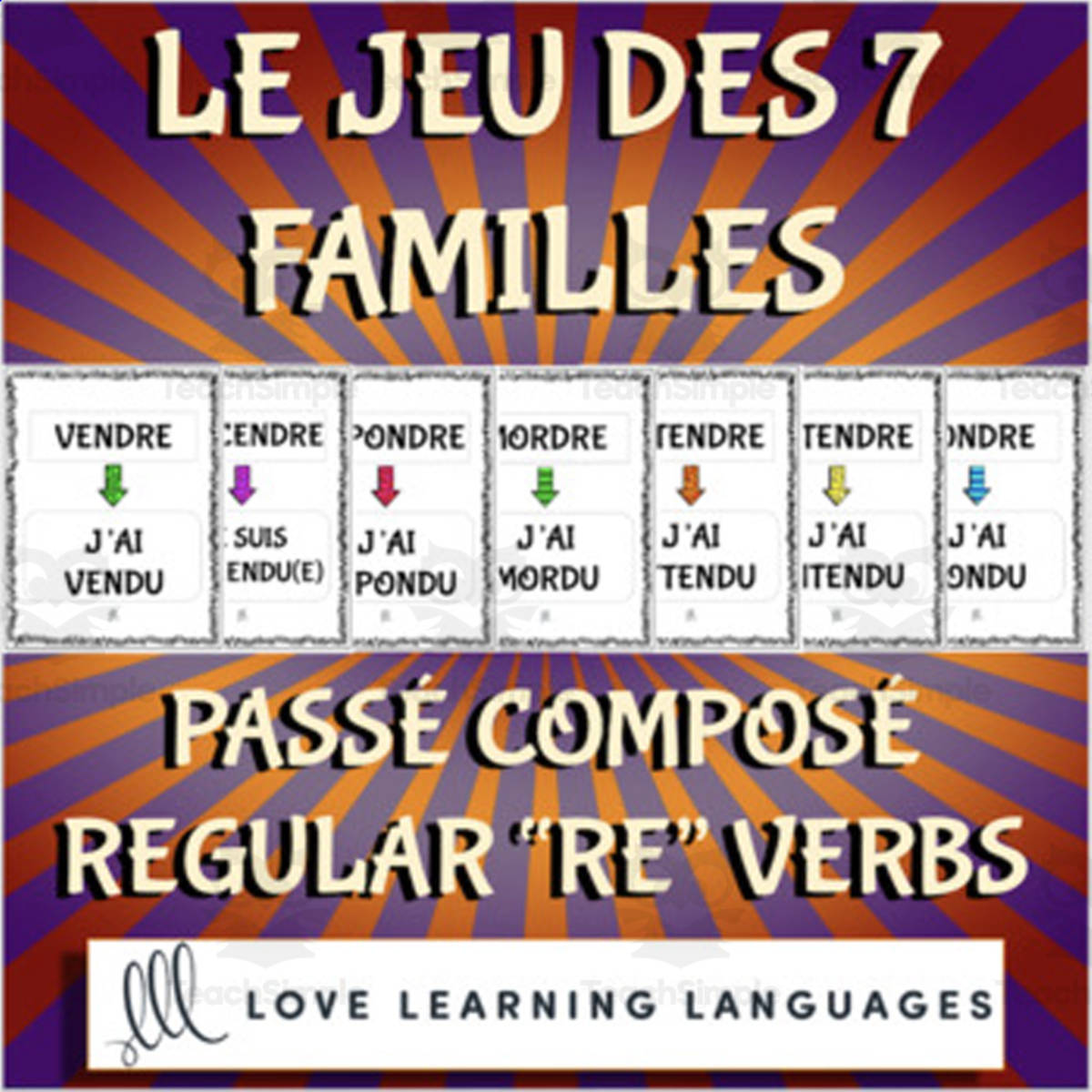 An educational teaching resource from Love Learning Languages entitled French: The Game of 7 Families | Perfect Tense Regular RE Verbs downloadable at Teach Simple.