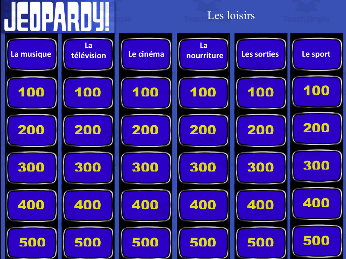An educational teaching resource from Laprofdefrancais' Shop entitled French: Translation Game- Leisure- Jeopardy downloadable at Teach Simple.