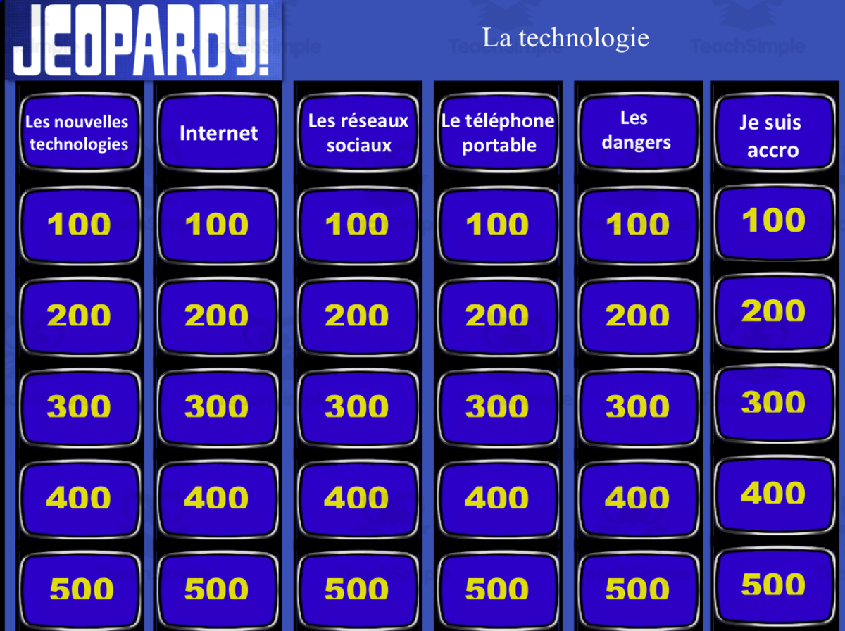 An educational teaching resource from Laprofdefrancais' Shop entitled French: Translation Game- Technology- Jeopardy downloadable at Teach Simple.