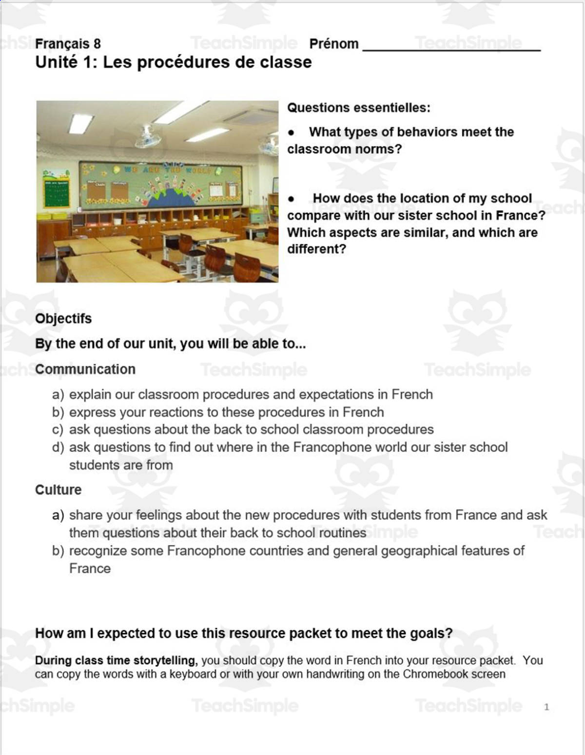 An educational teaching resource from Madame Murphy Comprehensible Culture entitled French: Unité 1: Les procédures de classe downloadable at Teach Simple.