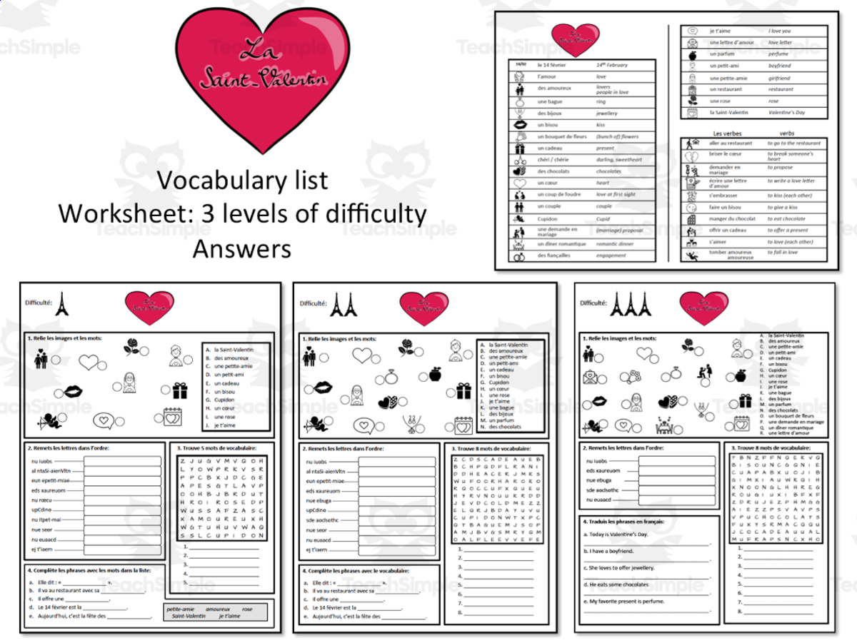 An educational teaching resource from Laprofdefrancais' Shop entitled French: Valentine's Day- Vocabulary and Activities downloadable at Teach Simple.