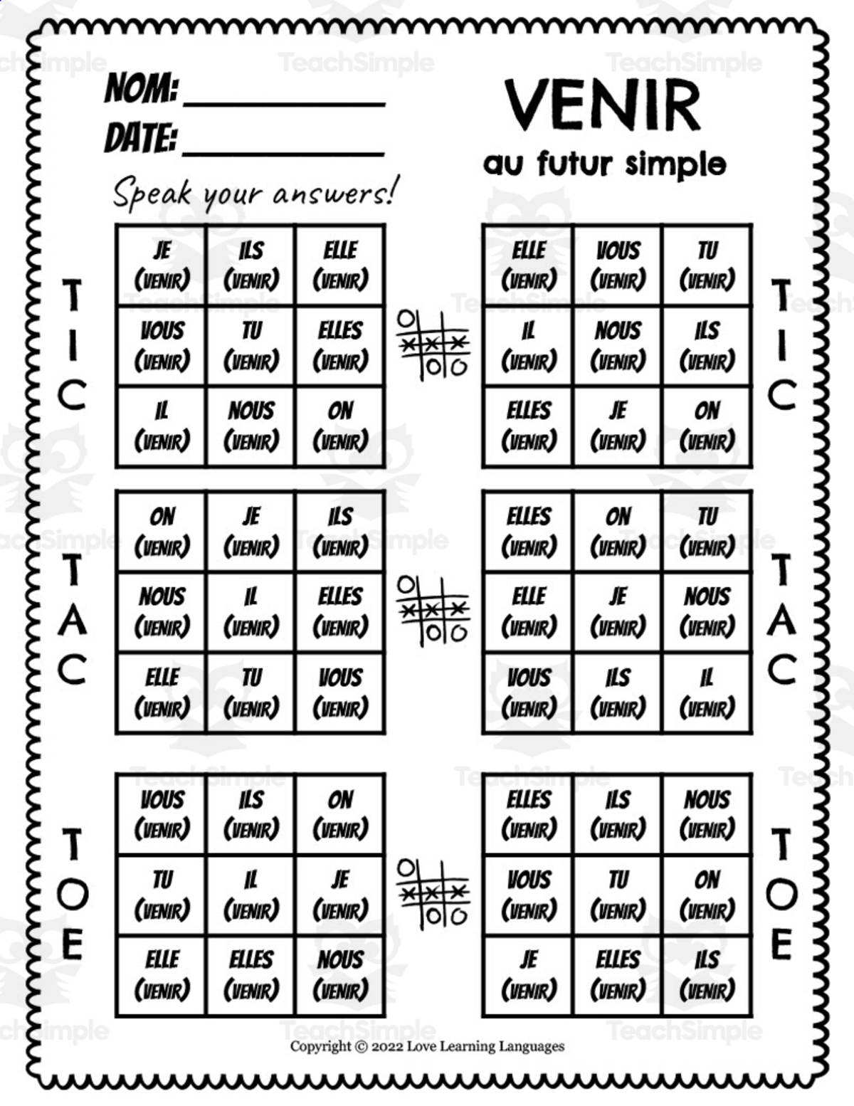 An educational teaching resource from Love Learning Languages entitled French: Venir Futur Simple - Tic Tac Toe Game downloadable at Teach Simple.