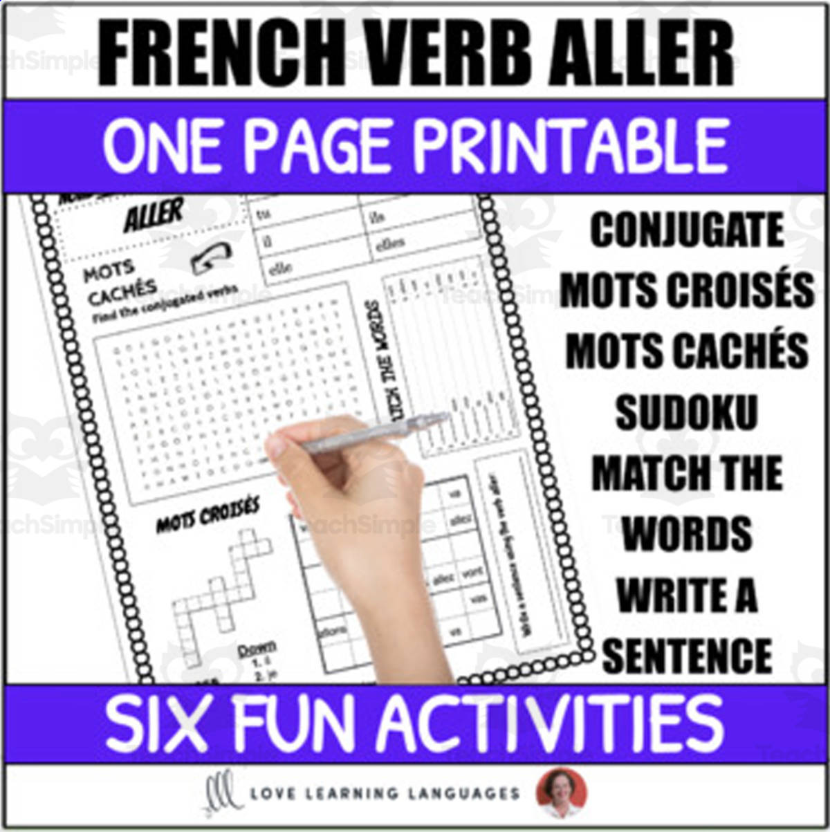 An educational teaching resource from Love Learning Languages entitled French Verb Aller Worksheet - 6 Activities - One Page Printable Exercises downloadable at Teach Simple.