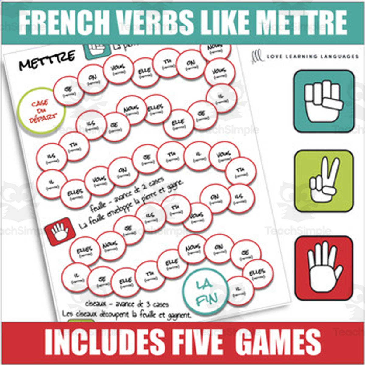 An educational teaching resource from Love Learning Languages entitled French Verbs Like Mettre Conjugation Games - Rock, Paper, Scissors downloadable at Teach Simple.