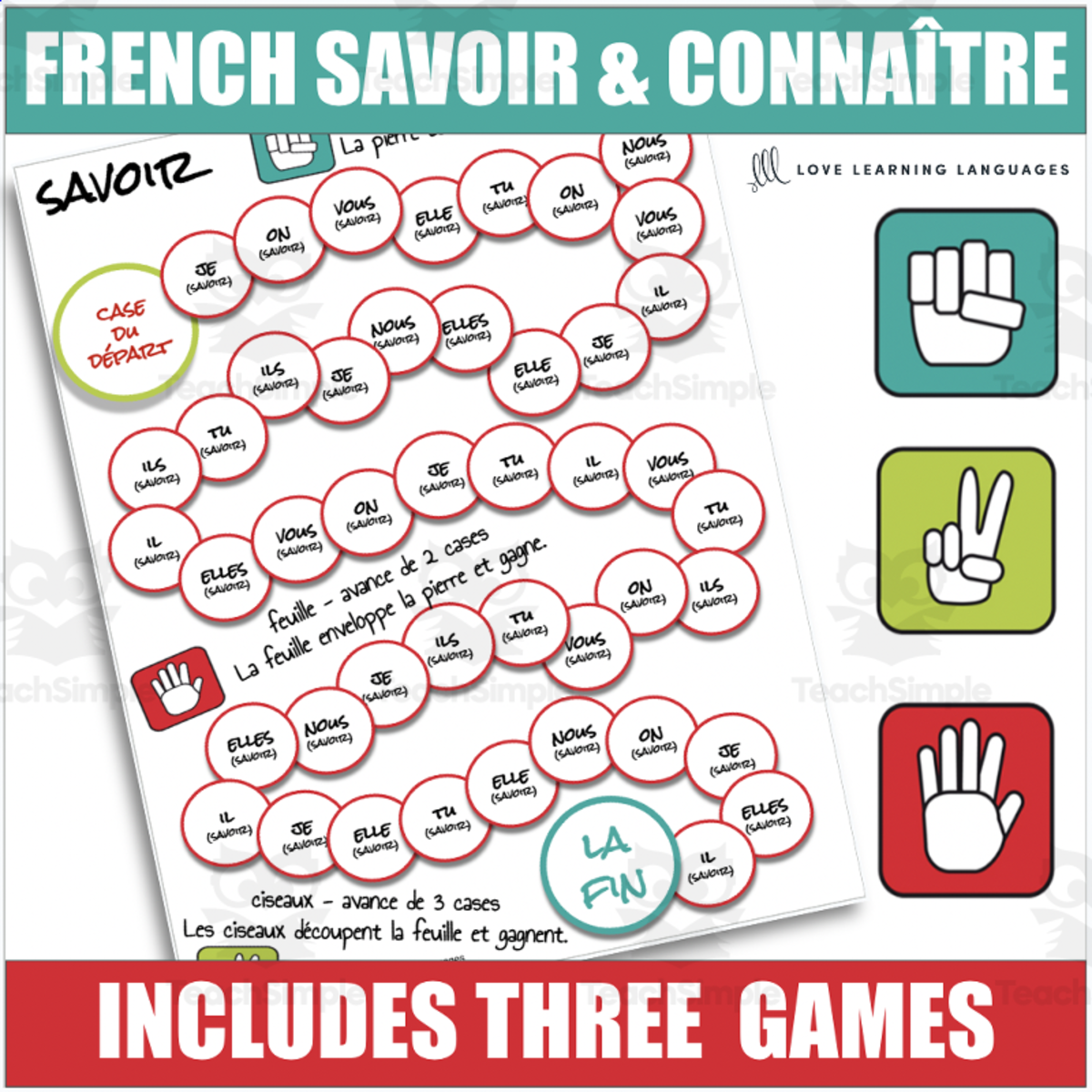 An educational teaching resource from Love Learning Languages entitled French Verbs Savoir and Connaître Conjugation Games - Rock, Paper, Scissors downloadable at Teach Simple.