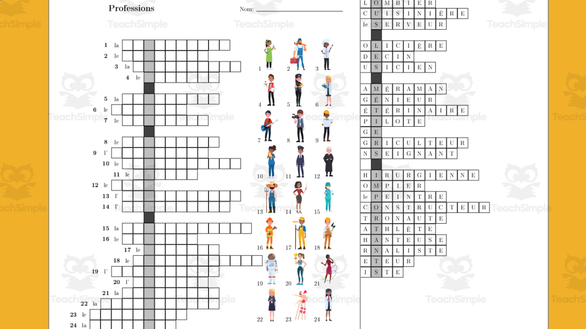 An educational teaching resource from TheBrightestKid entitled French Vocabulary Crossword about Jobs/Professions downloadable at Teach Simple.