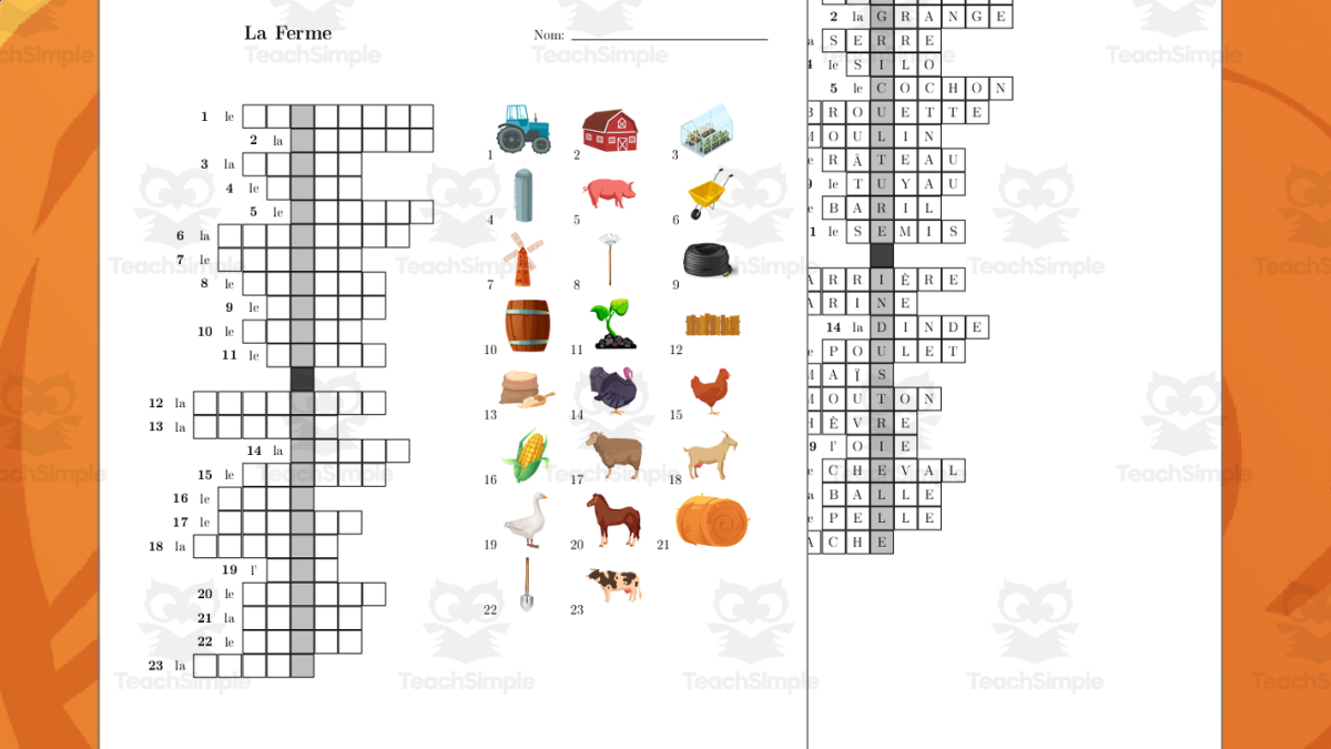An educational teaching resource from TheBrightestKid entitled French Vocabulary Crossword the Farm - La Ferme downloadable at Teach Simple.