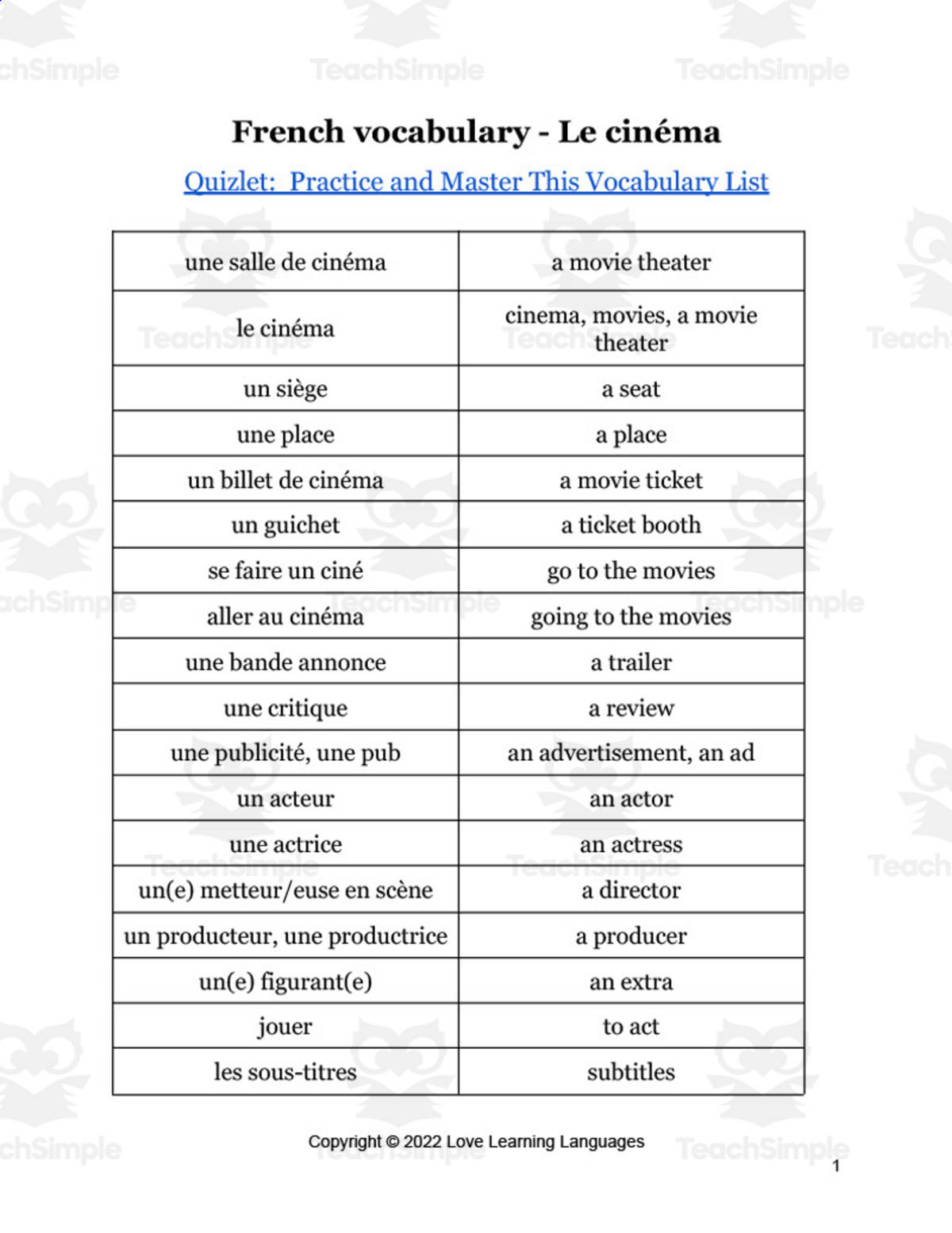 An educational teaching resource from Love Learning Languages entitled French Vocabulary List - Le Cinema downloadable at Teach Simple.