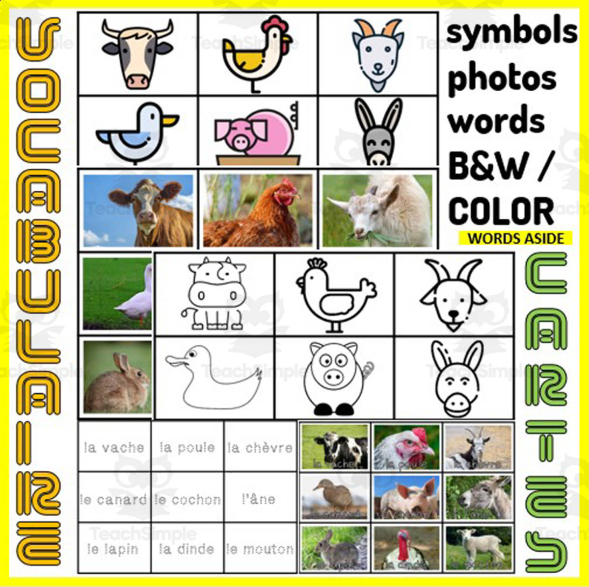 An educational teaching resource from WORDS ASIDE entitled French Vocabulary Match to Sample Memory Boards FARM ANIMALS downloadable at Teach Simple.