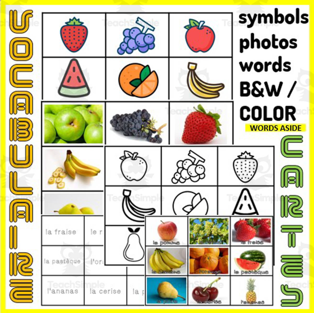 An educational teaching resource from WORDS ASIDE entitled French Vocabulary Match to Sample Memory Boards FRUITS downloadable at Teach Simple.