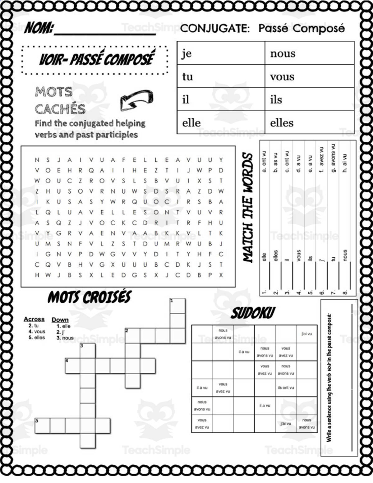 An educational teaching resource from Love Learning Languages entitled French: Voir Conjugation Worksheet downloadable at Teach Simple.