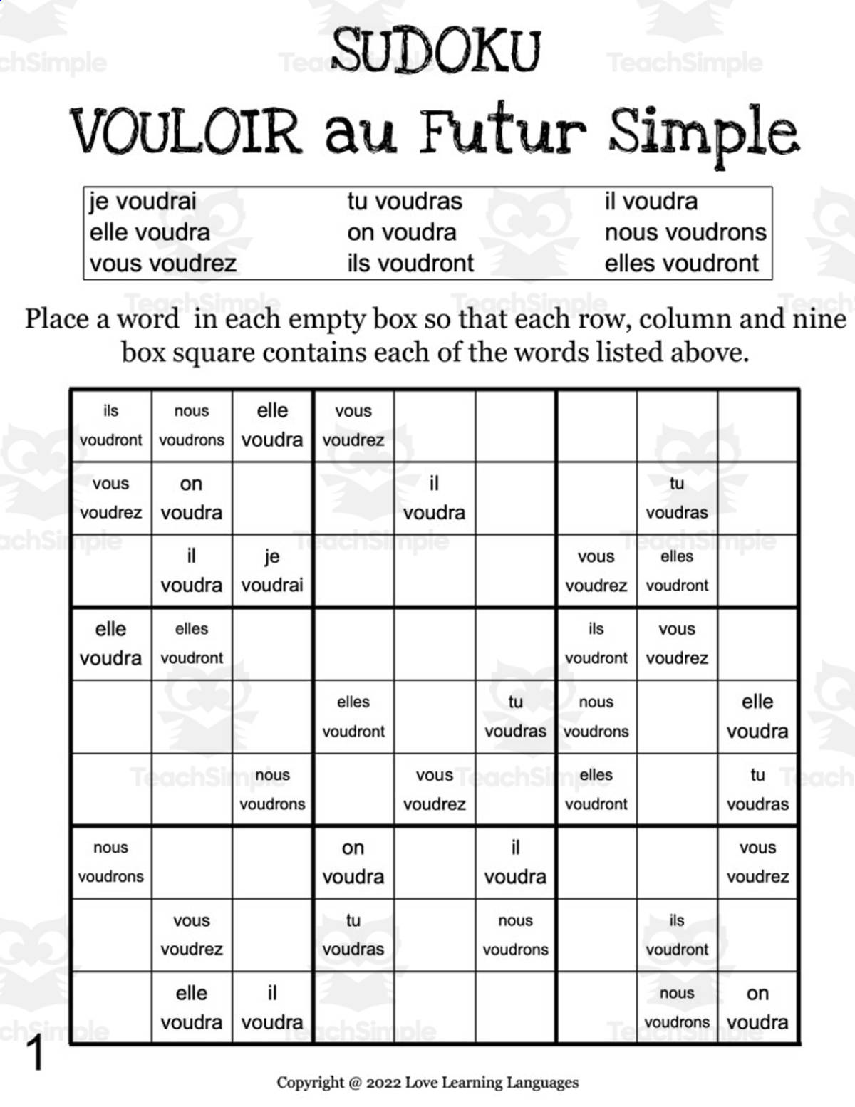 An educational teaching resource from Love Learning Languages entitled French: VOULOIR Futur Simple Sudoku downloadable at Teach Simple.