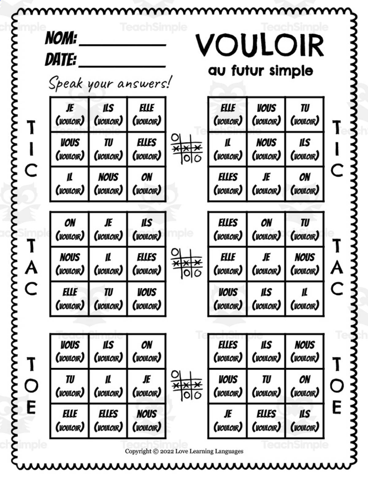An educational teaching resource from Love Learning Languages entitled French: Vouloir Futur Simple Tic Tac Toe Game downloadable at Teach Simple.