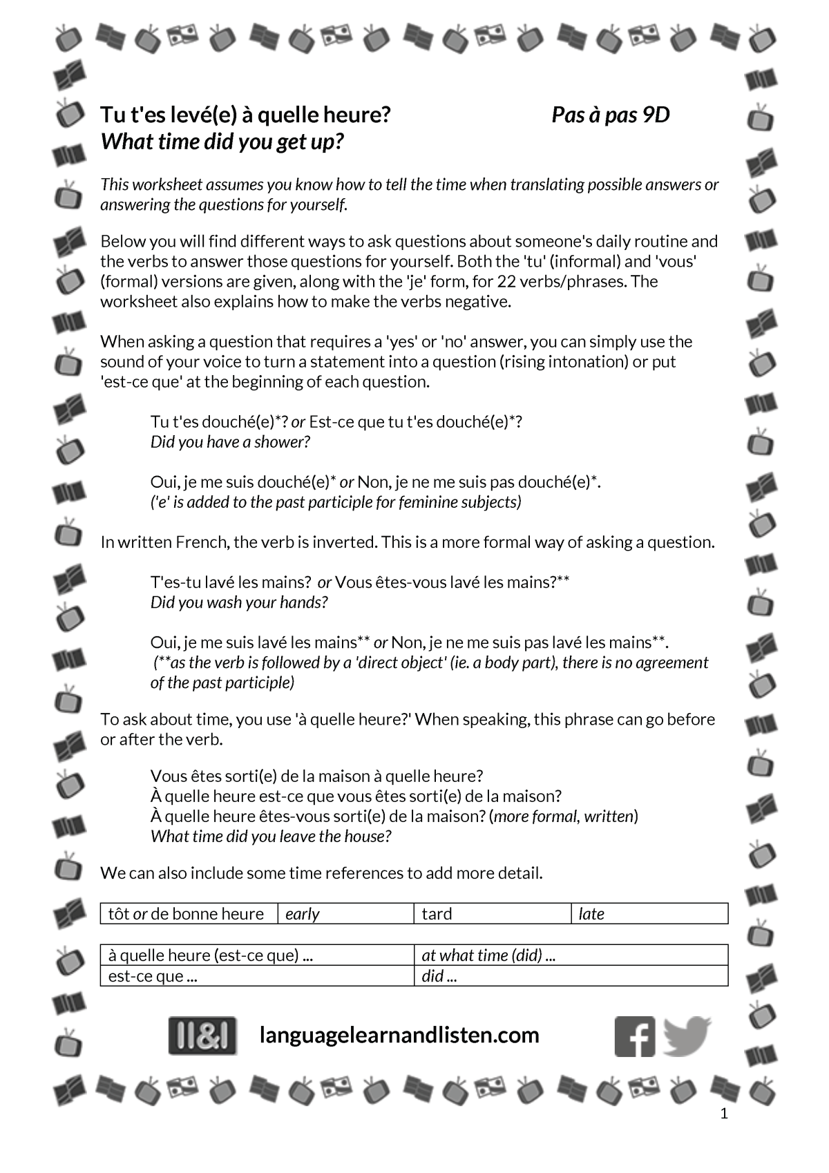 An educational teaching resource from Language Learn and Listen entitled French - What time did you get up? downloadable at Teach Simple.