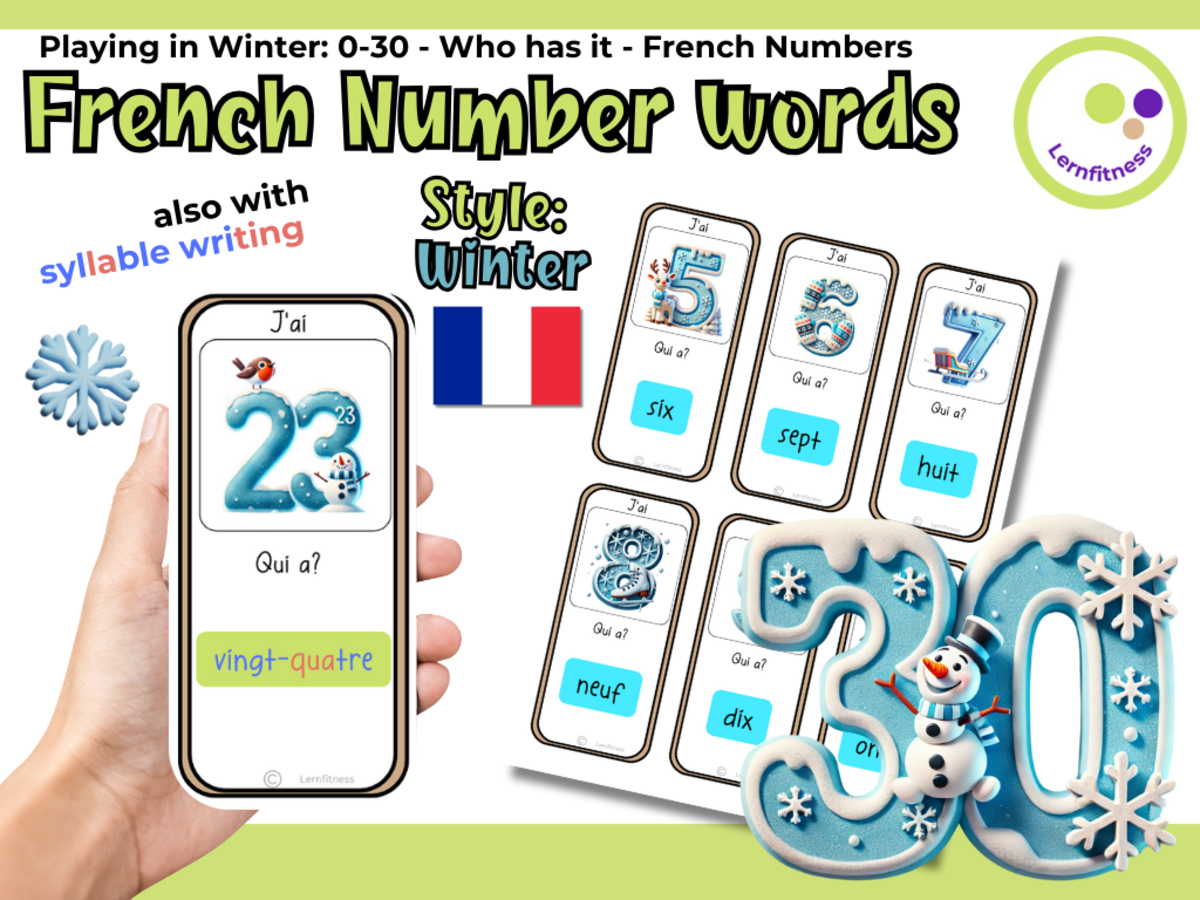 An educational teaching resource from Lernfitness entitled French: Winter-Themed Number Learning Game: Who Has It? FLE FLS FLI downloadable at Teach Simple.