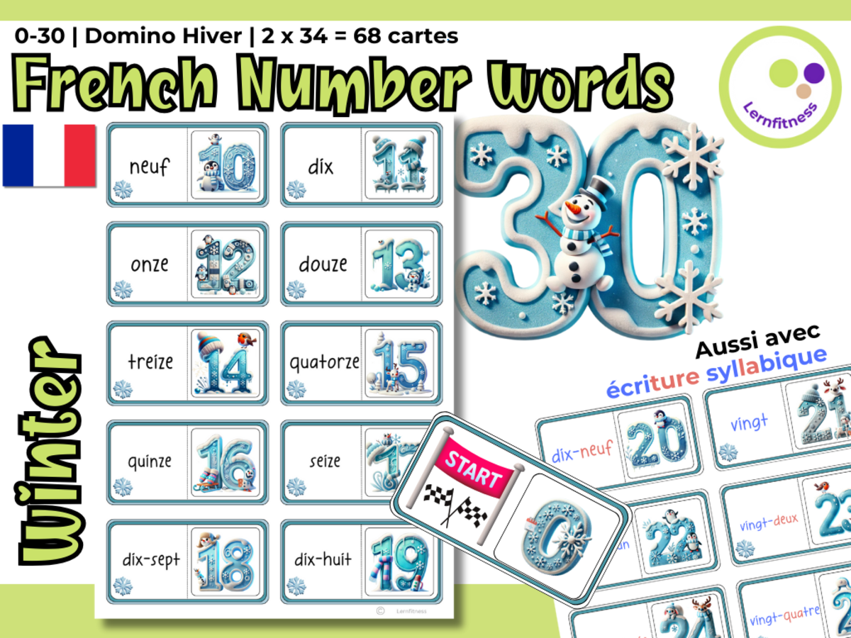 An educational teaching resource from Lernfitness entitled French: Winter-Themed Numbers Domino Game: Fun Learning French downloadable at Teach Simple.
