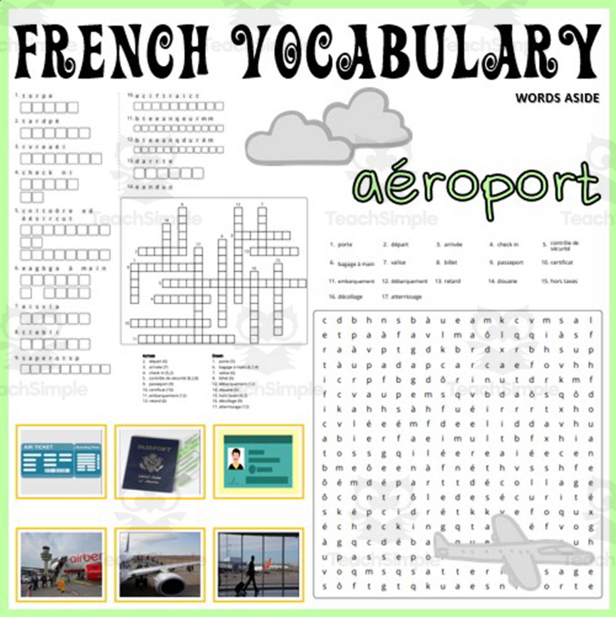 An educational teaching resource from WORDS ASIDE entitled French Word Games Puzzles Crossword Wordsearch Anagram AIRPORT downloadable at Teach Simple.