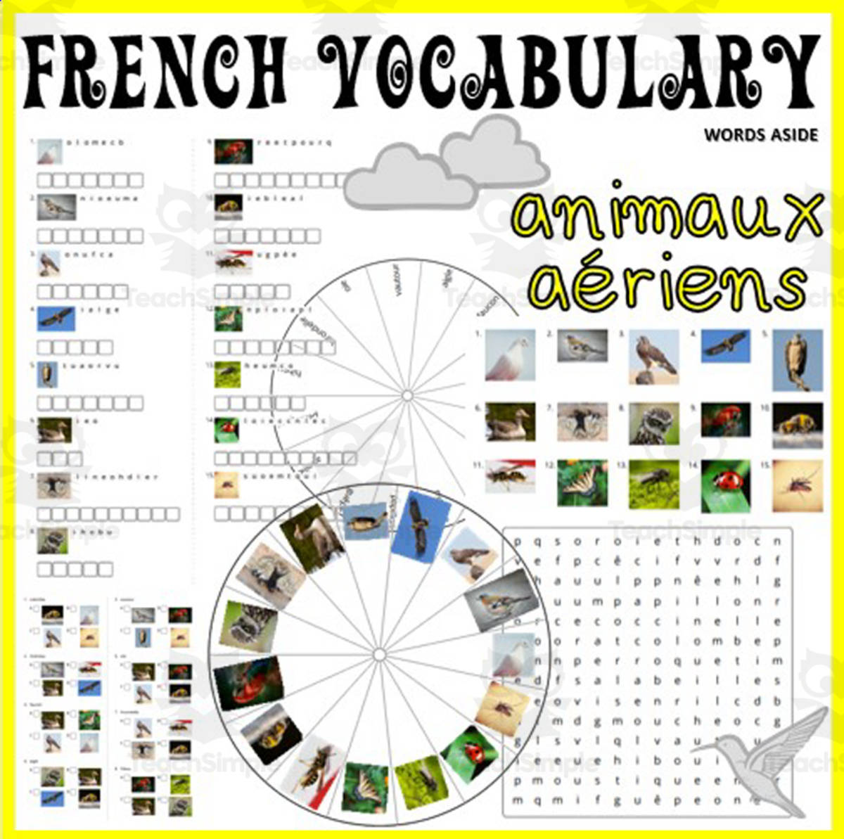 An educational teaching resource from WORDS ASIDE entitled French Word Puzzles Crossword Wordsearch Anagram AIR ANIMALS downloadable at Teach Simple.
