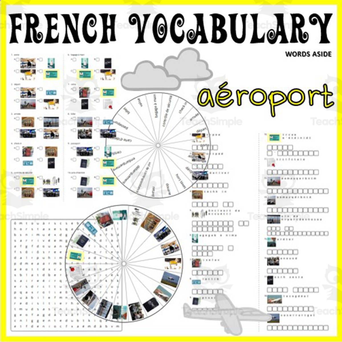 An educational teaching resource from WORDS ASIDE entitled French Word Puzzles Crossword Wordsearch Anagram AIRPORT downloadable at Teach Simple.