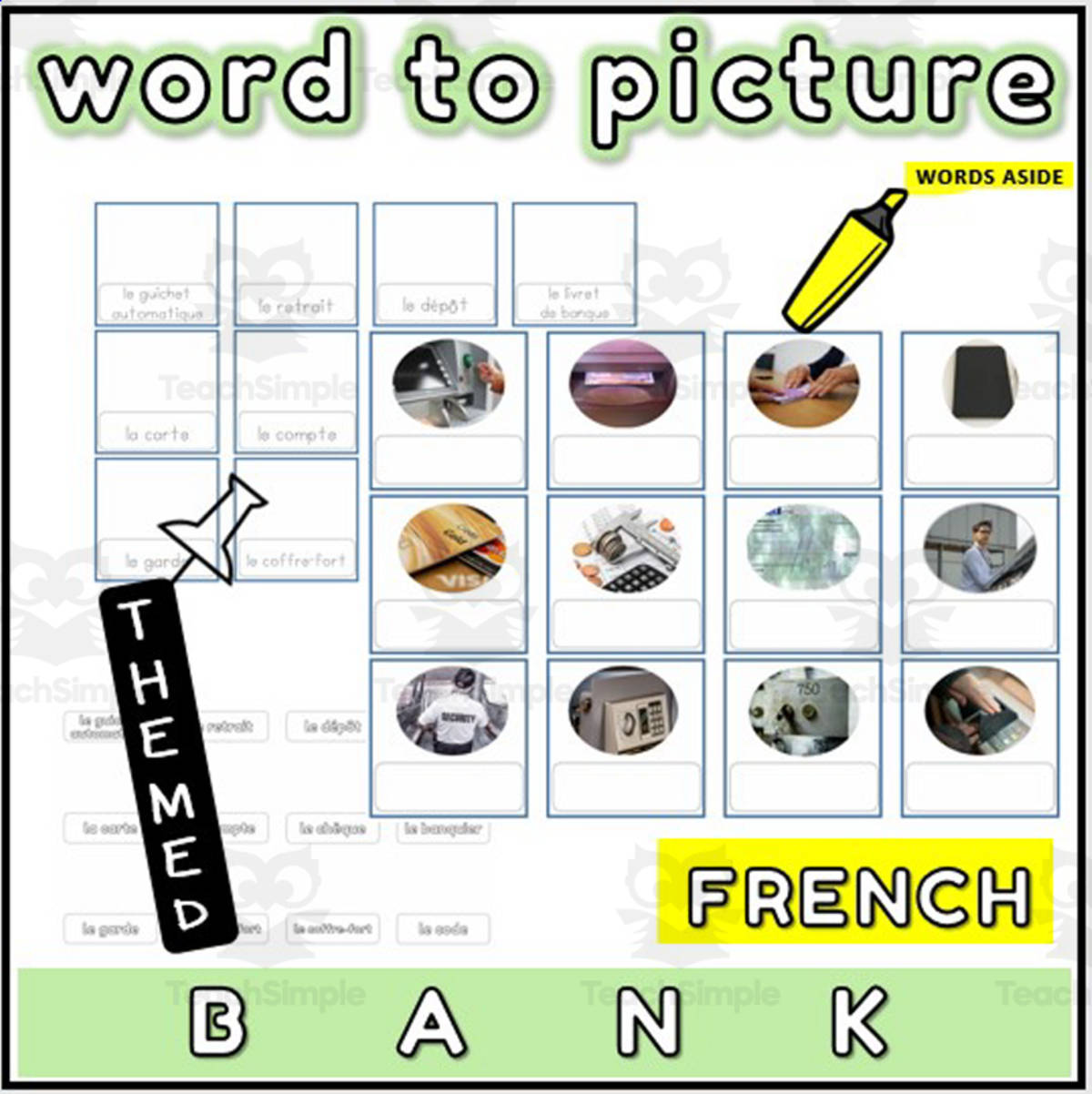 An educational teaching resource from WORDS ASIDE entitled French Word to Picture Activities Flashcards 4 downloadable at Teach Simple.