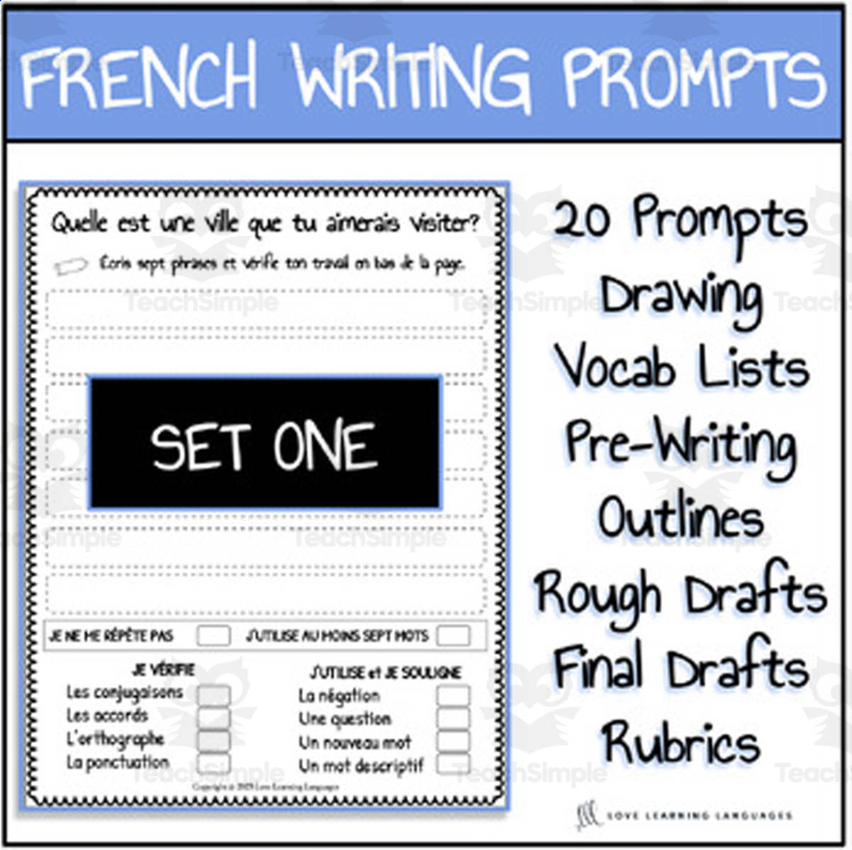 An educational teaching resource from Love Learning Languages entitled French Writing Prompts For Beginners - SET 1 - Twenty Writing Lessons downloadable at Teach Simple.