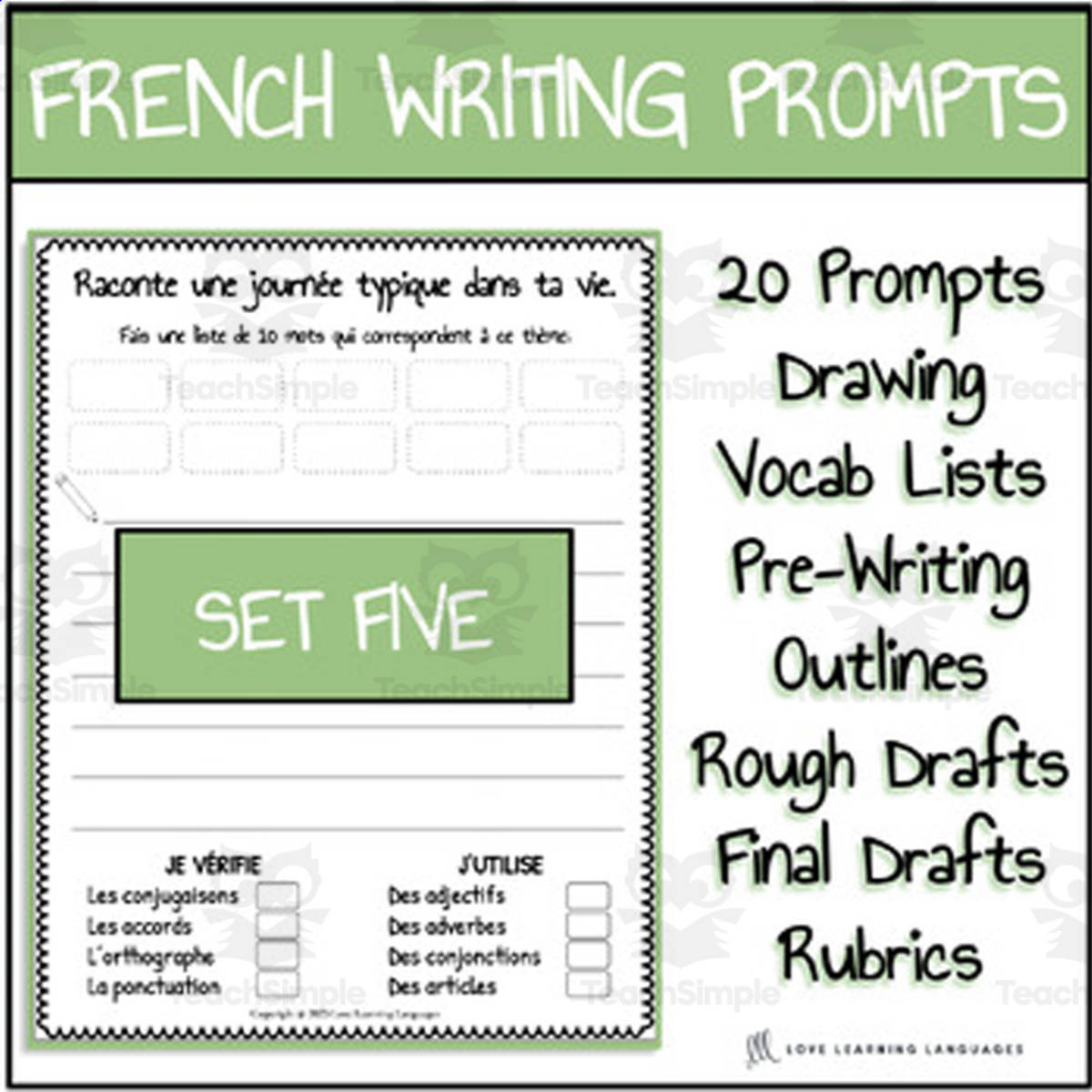 An educational teaching resource from Love Learning Languages entitled French Writing Prompts For Beginners - SET 5 - Twenty Writing Lessons downloadable at Teach Simple.