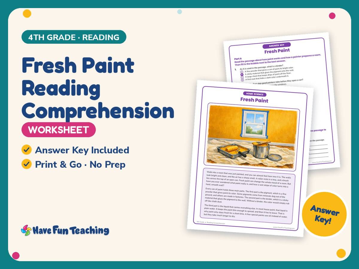 Fresh Paint Reading Comprehension Worksheet – 4th Grade Practice preview