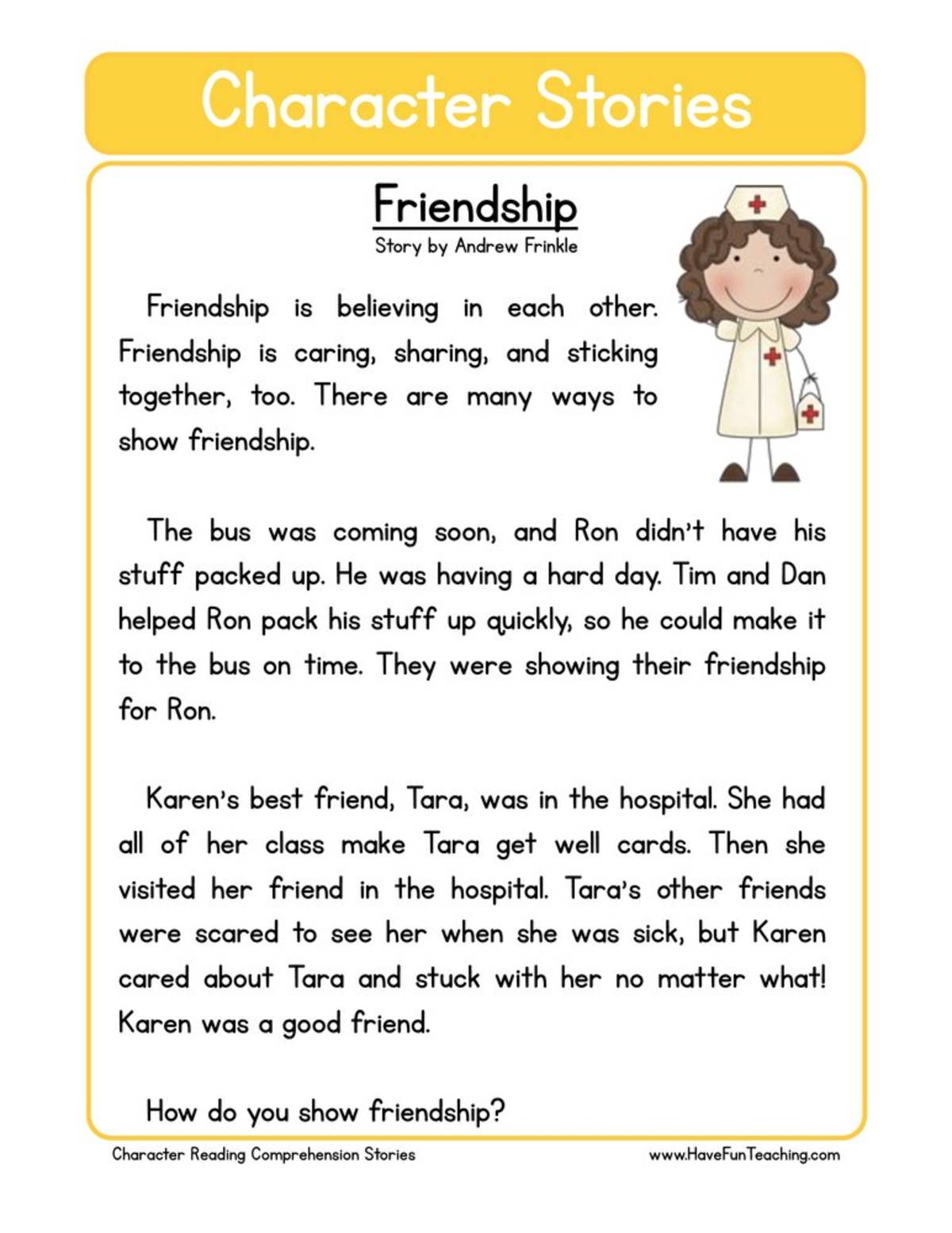 An educational teaching resource from Have Fun Teaching entitled Friendship Character Reading Comprehension Worksheet downloadable at Teach Simple.