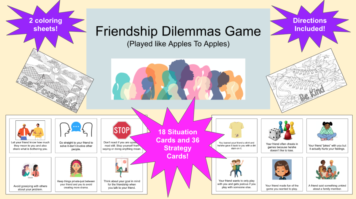 An educational teaching resource from Jennifer Moyer Taylor entitled Friendship Dilemmas Game-Played like Apples To Apples downloadable at Teach Simple.