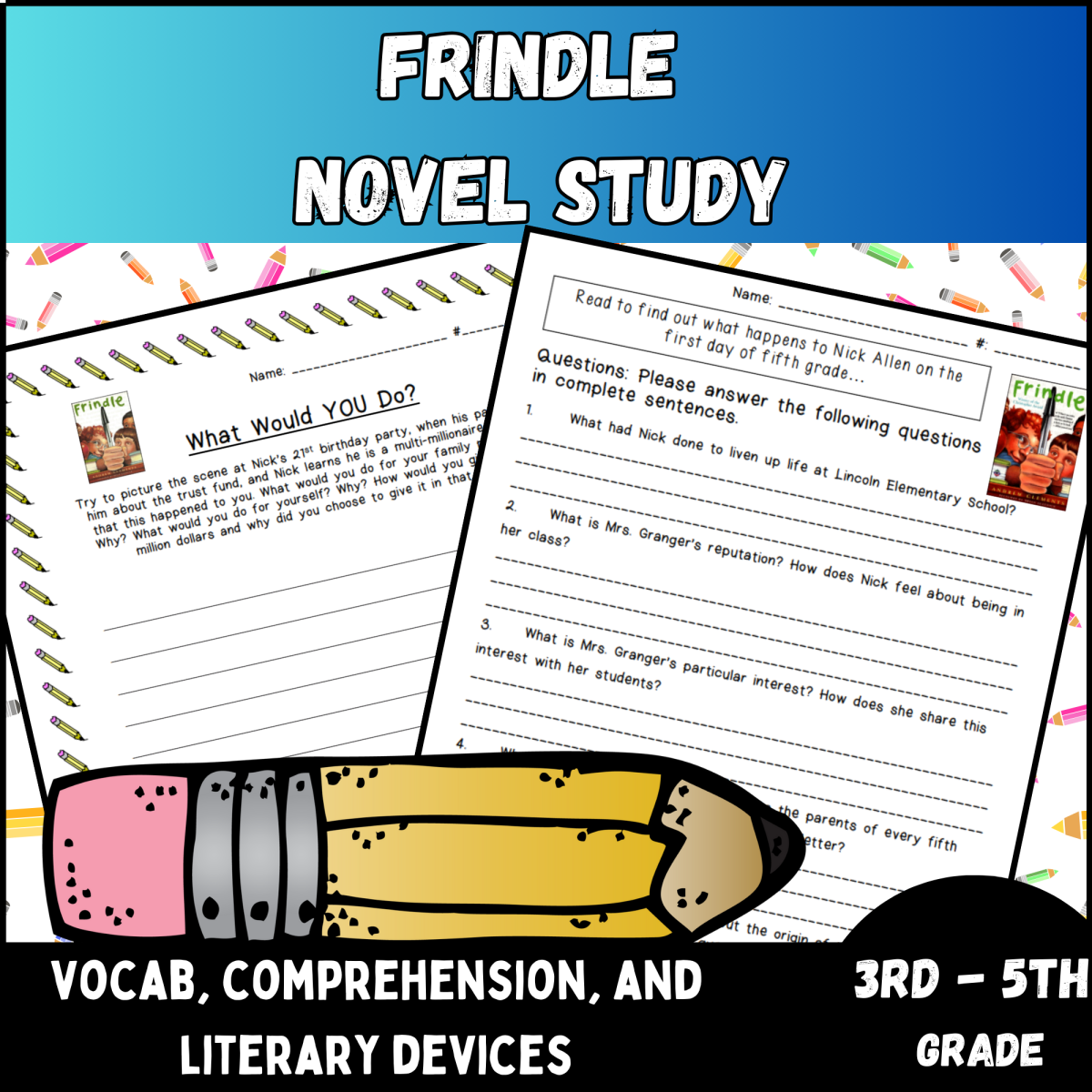 An educational teaching resource from Kel's Klass entitled Frindle Novel Study: Vocabulary, Comprehension, Literary Devices downloadable at Teach Simple.