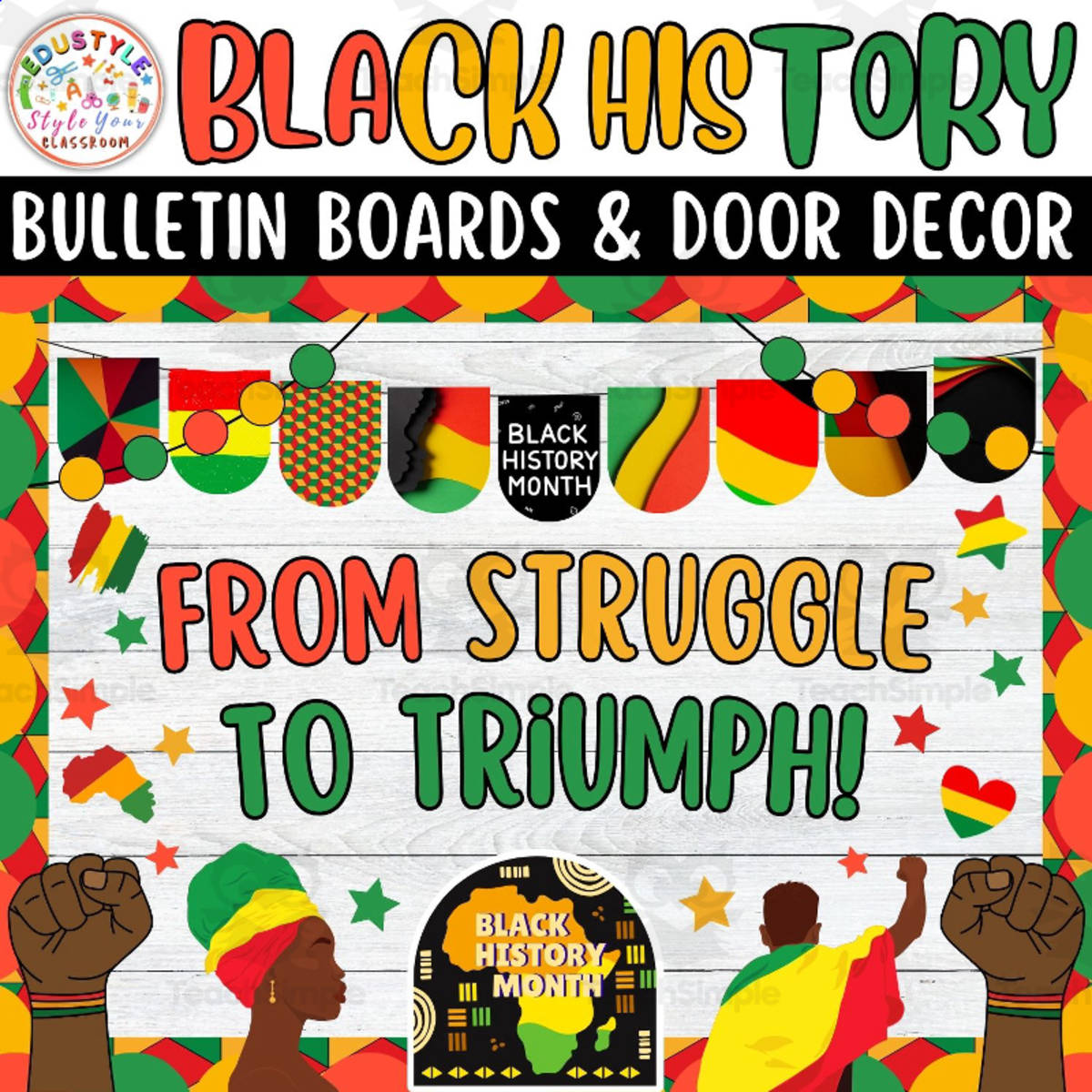 An educational teaching resource from Style Your Classroom entitled From Struggle to Triumph: Black history Month Bulletin Boards kits downloadable at Teach Simple.
