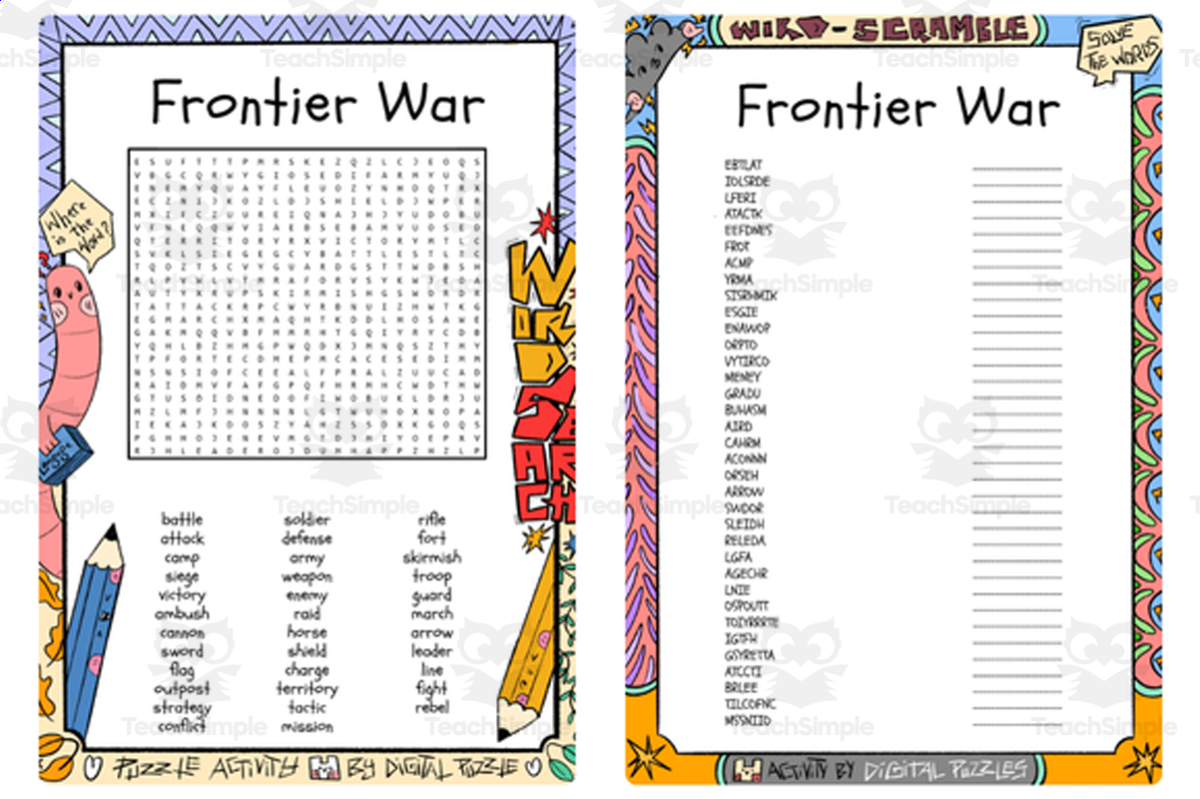 An educational teaching resource from Lapiiin Art Activities entitled Frontier War word search & scramble downloadable at Teach Simple.