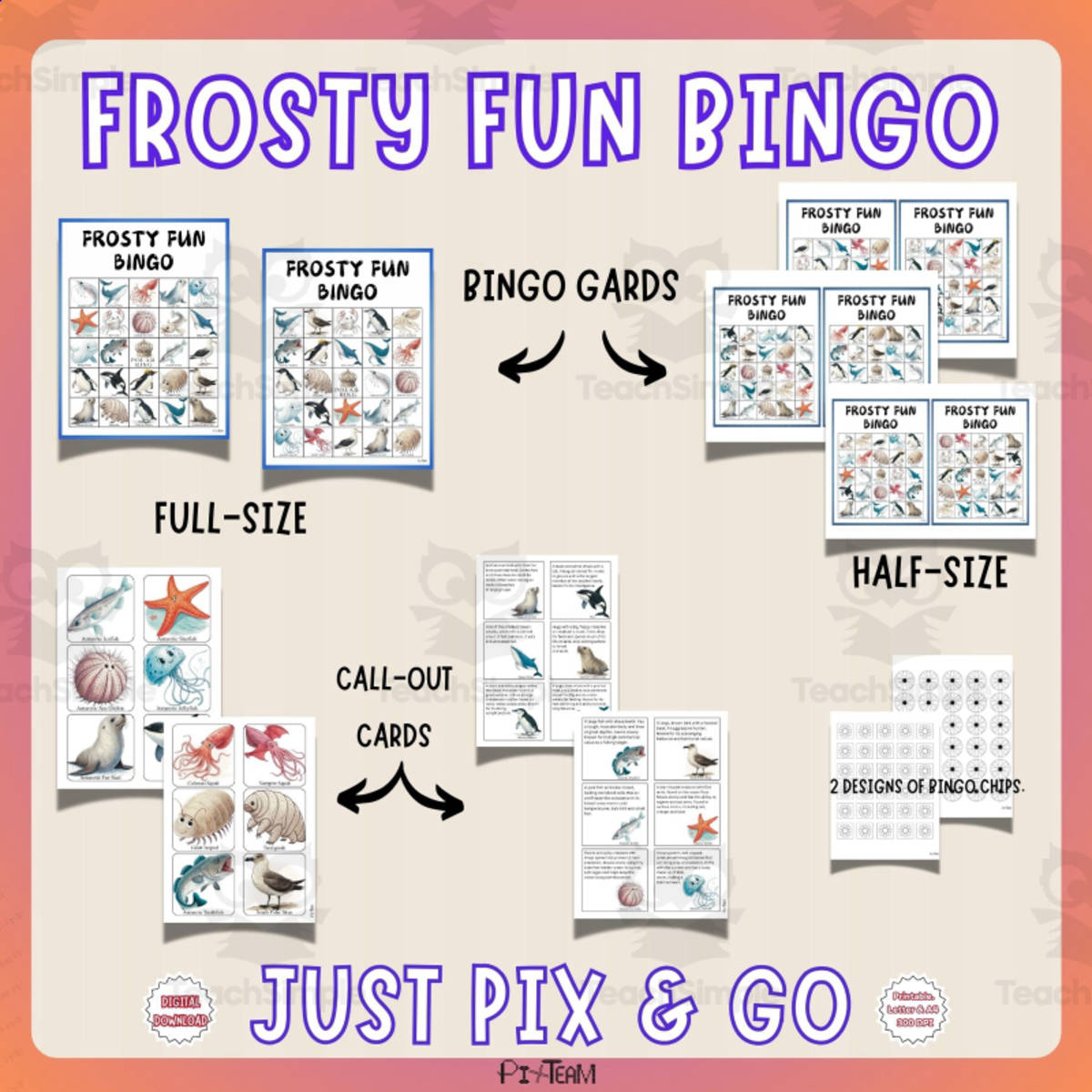An educational teaching resource from Piix.Team entitled Frosty Antarctic Bingo downloadable at Teach Simple.