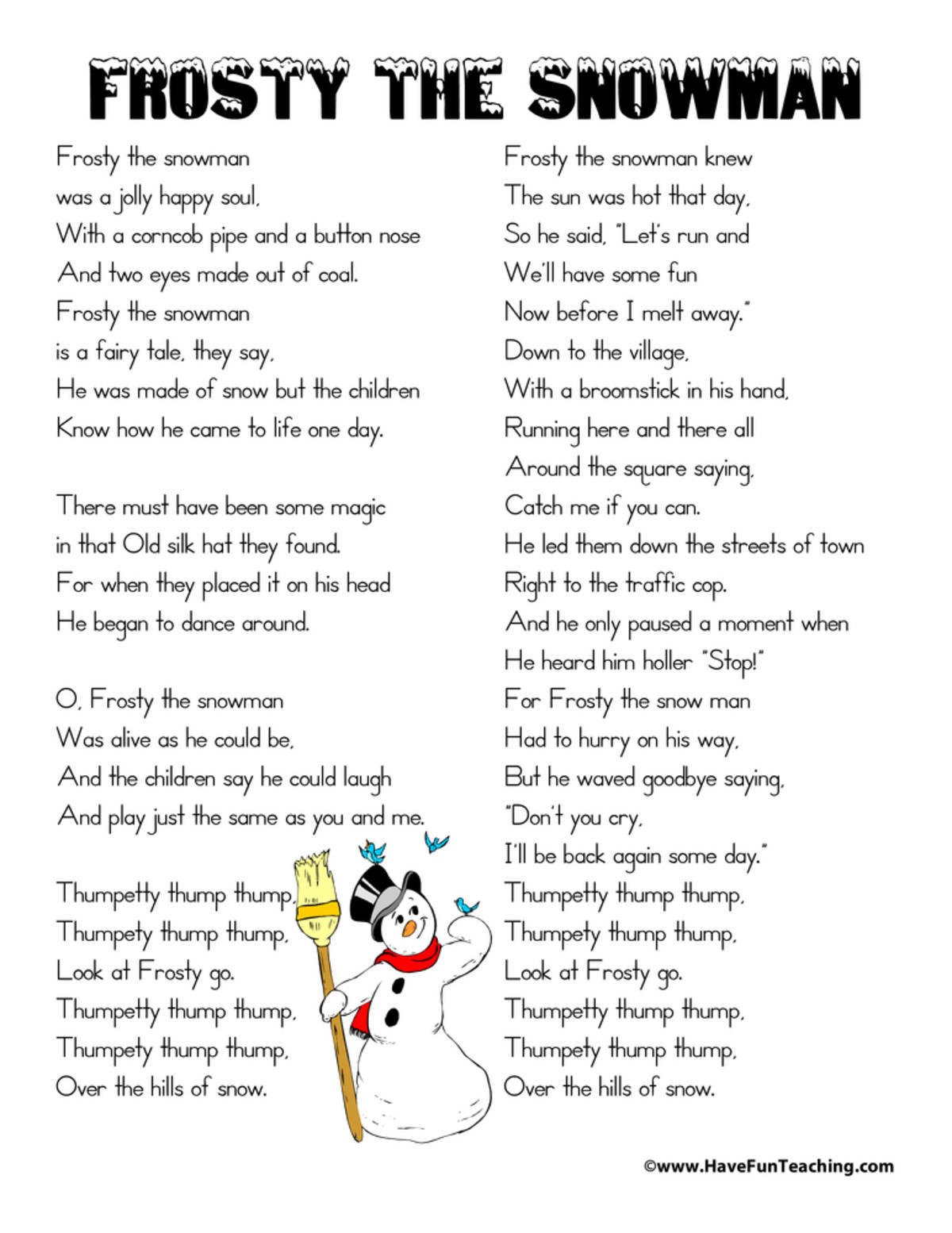 An educational teaching resource from Have Fun Teaching entitled Frosty the Snowman Lyrics downloadable at Teach Simple.