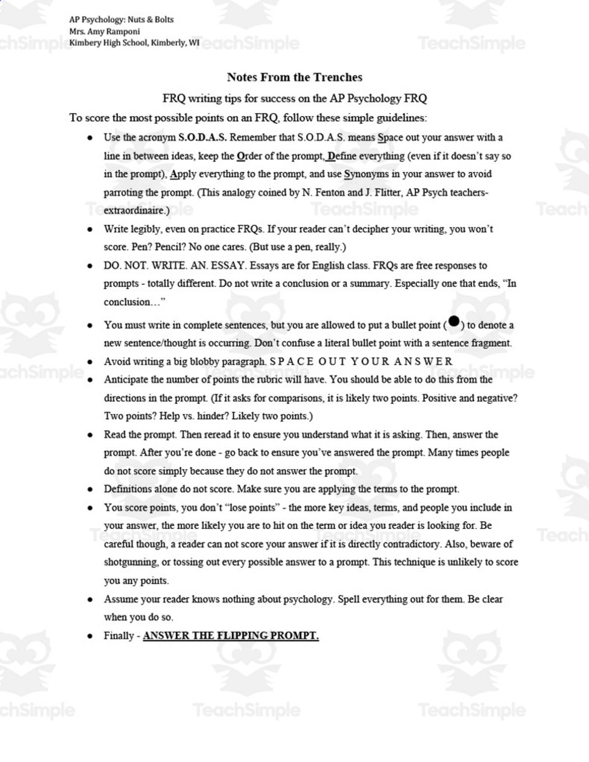 An educational teaching resource from Skinner's Box entitled FRQ writing tips for success on the AP Psychology FRQ downloadable at Teach Simple.
