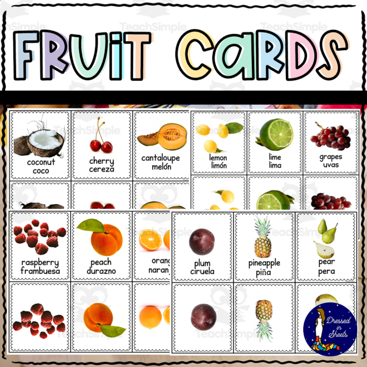 An educational teaching resource from Soumara Siddiqui entitled Fruit Cards in English and Spanish downloadable at Teach Simple.