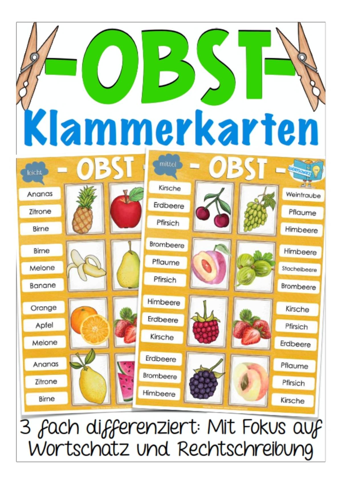 An educational teaching resource from Better Teaching Resources entitled Fruit Clip Cards for Practicing Spelling & Vocabulary (German) downloadable at Teach Simple.