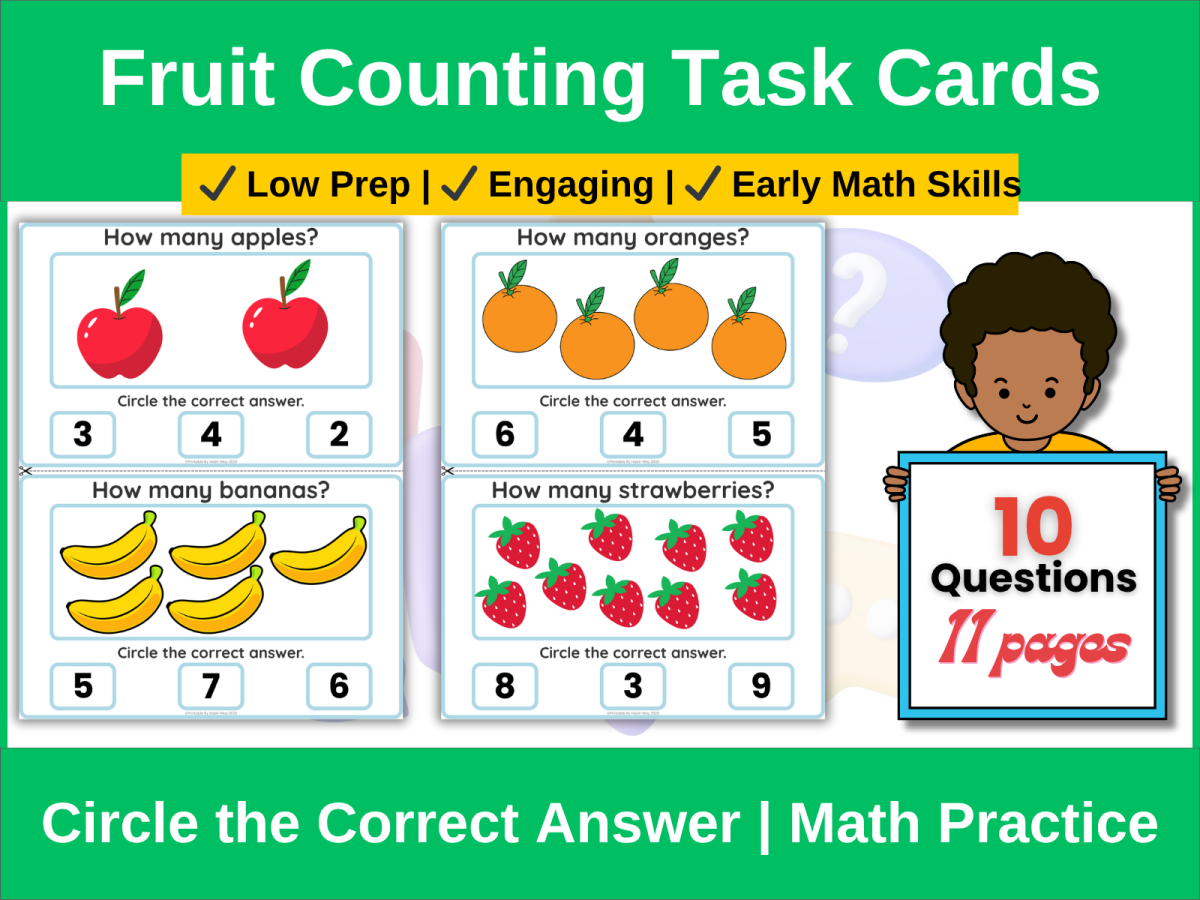 An educational teaching resource from printable_by_nabil entitled Fruit Counting Task Cards | Early Math Circle Activity downloadable at Teach Simple.