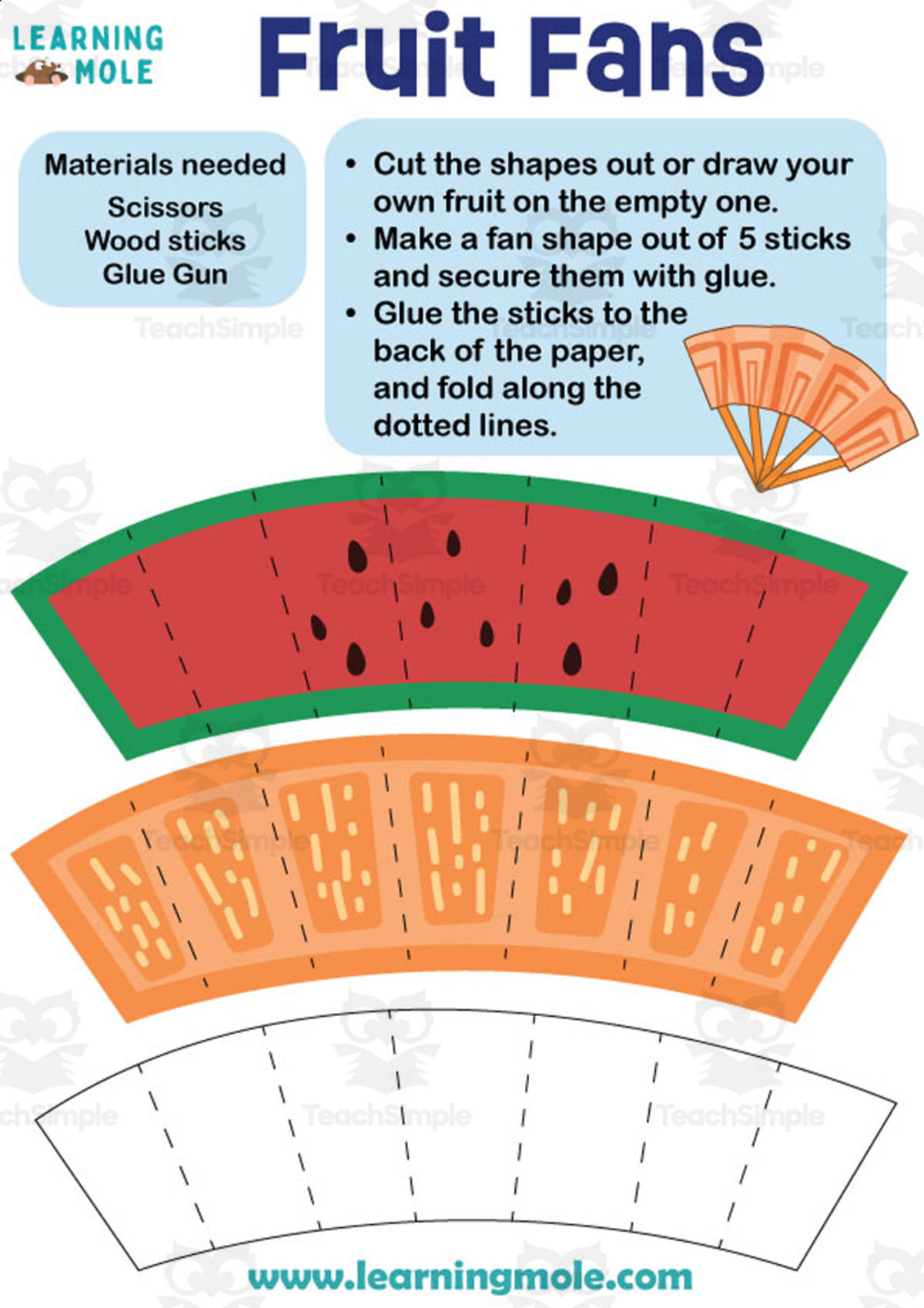 An educational teaching resource from Educational Voice entitled Fruit Fans Activity downloadable at Teach Simple.