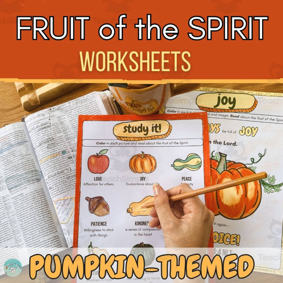 An educational teaching resource from ARTventurousanimals entitled Fruit of the Spirit Bible Coloring Worksheets: Fall-Themed downloadable at Teach Simple.