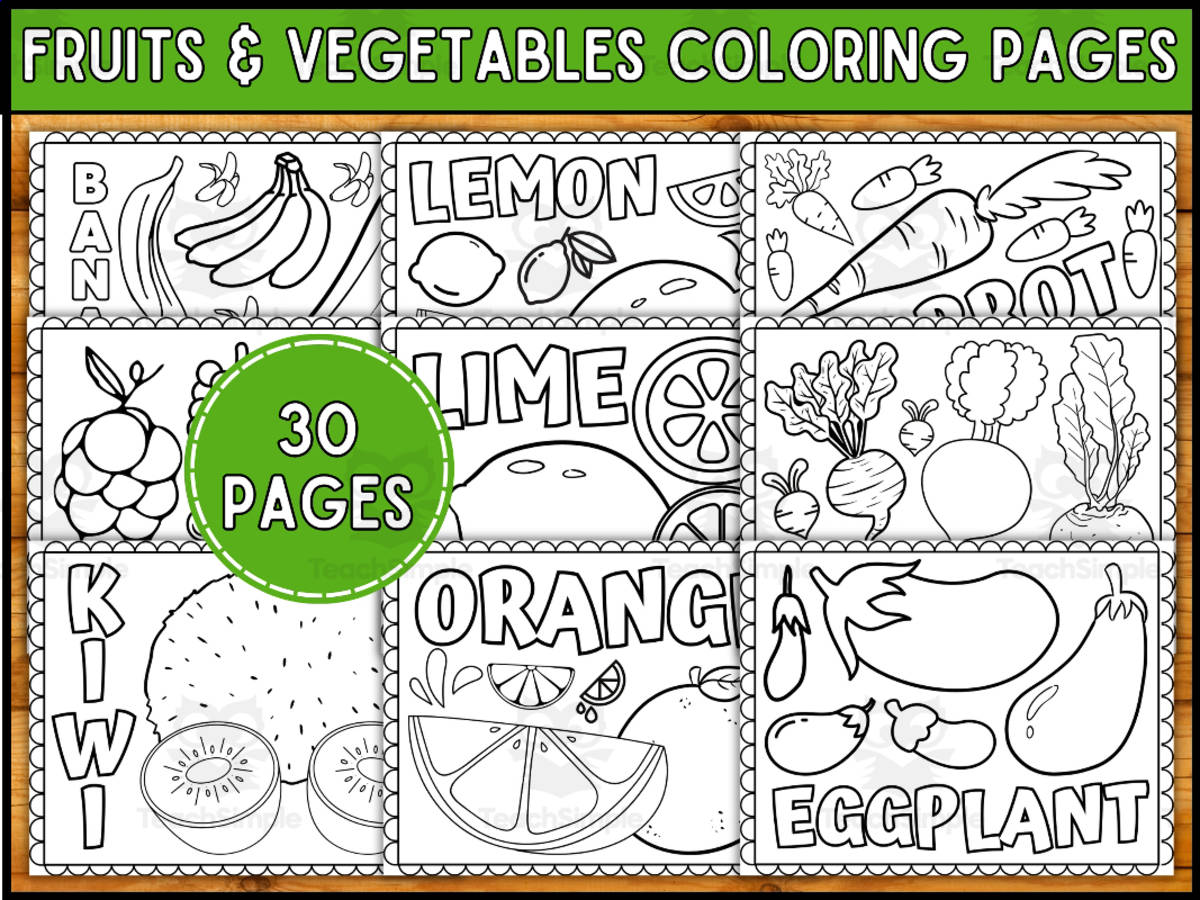 An educational teaching resource from Wonderland School entitled Fruites and Vegetables Coloring Pages for Kindergarten downloadable at Teach Simple.