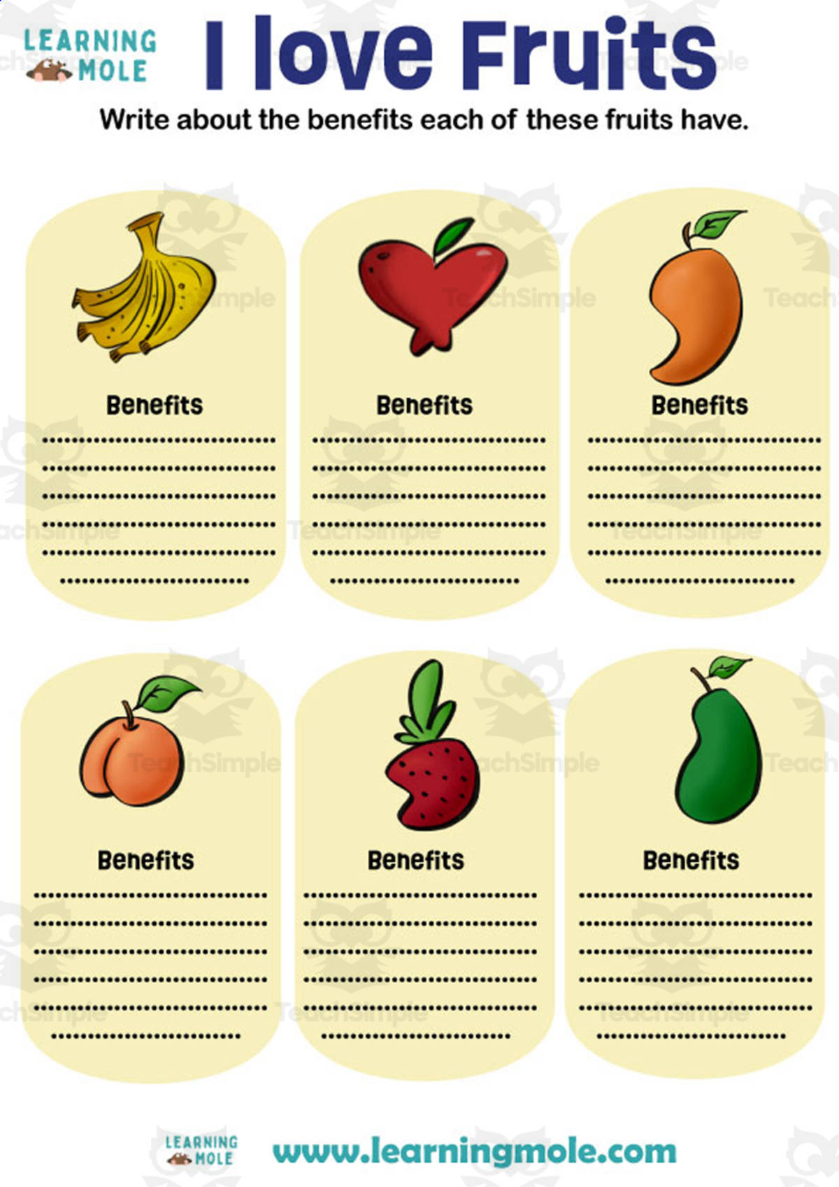 An educational teaching resource from Educational Voice entitled Fruits Activity downloadable at Teach Simple.
