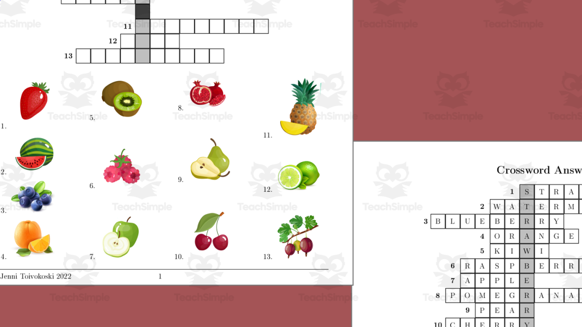 An educational teaching resource from TheBrightestKid entitled Fruits and Berries Crossword Puzzle downloadable at Teach Simple.