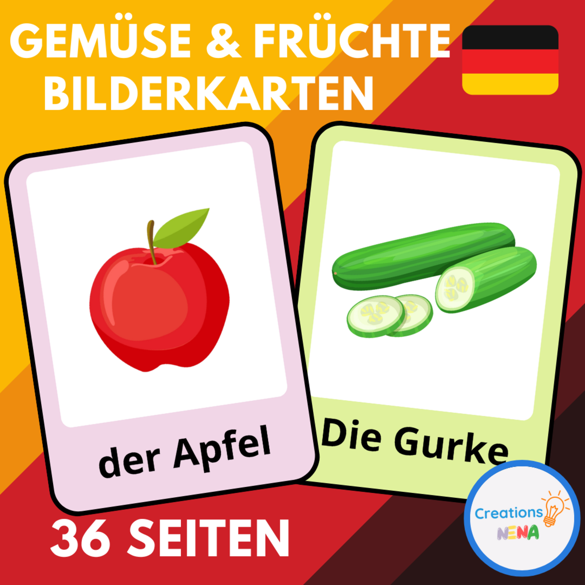 An educational teaching resource from Nena Creations entitled Fruits and Vegetables in German downloadable at Teach Simple.