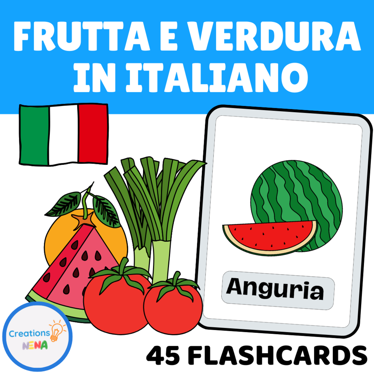 An educational teaching resource from Nena Creations entitled Fruits and Vegetables in Italian. downloadable at Teach Simple.
