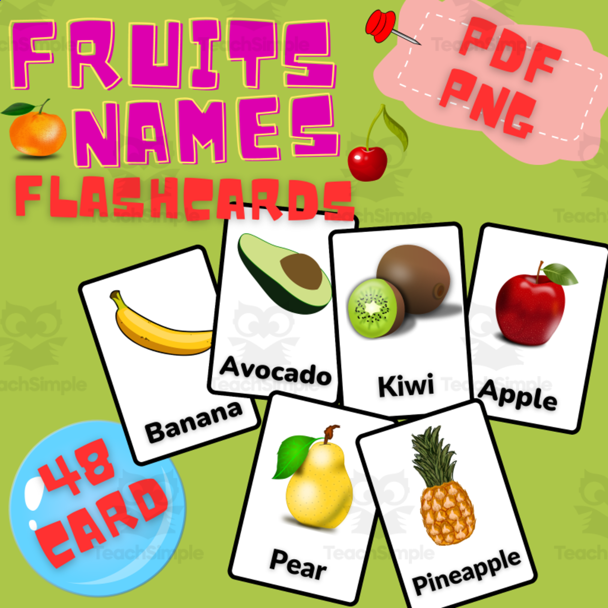 An educational teaching resource from Homeschoolingprints entitled Fruits Flashcards Printable in English downloadable at Teach Simple.