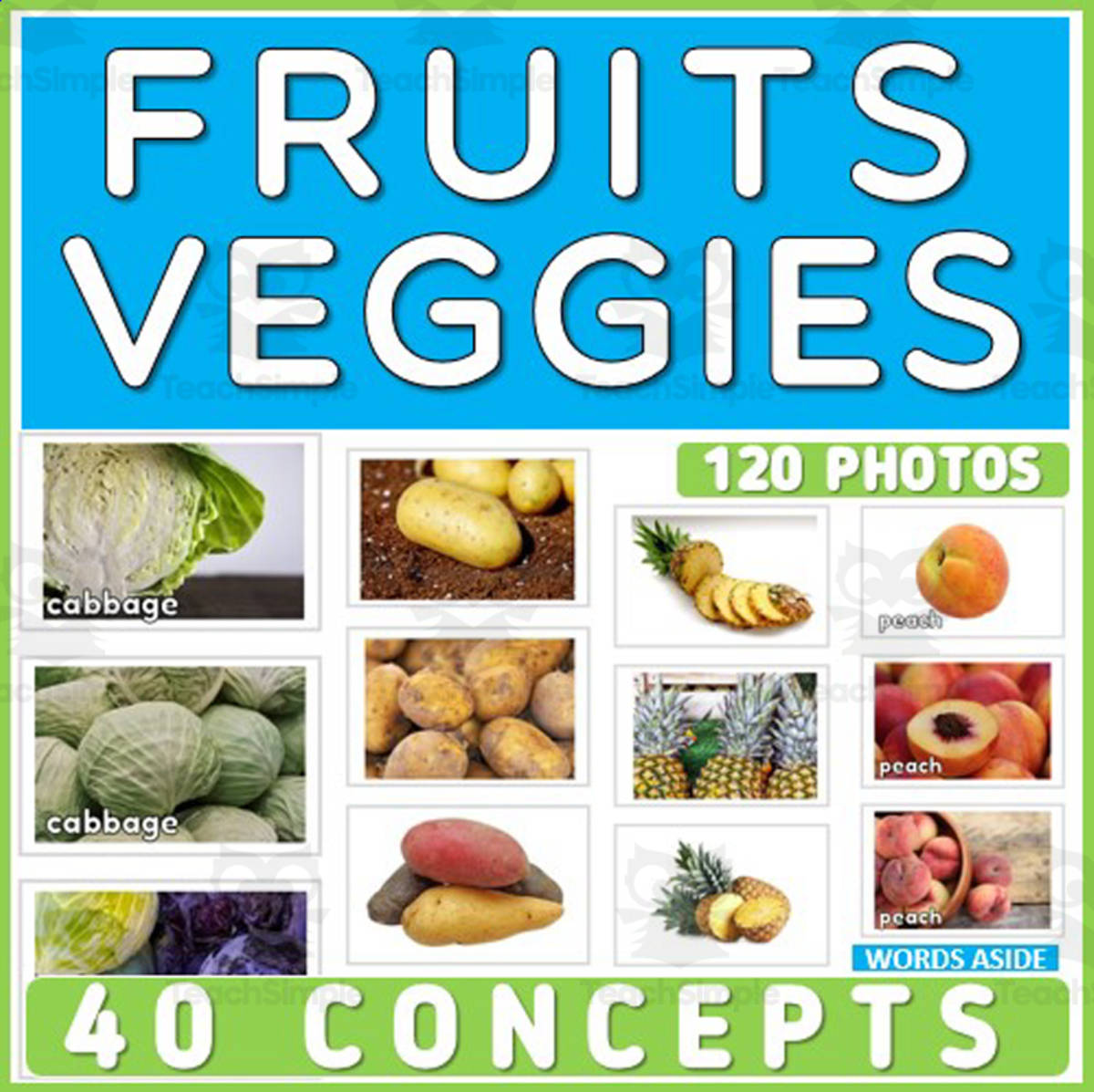 An educational teaching resource from WORDS ASIDE entitled Fruits Vegetables Flash Cards Vocabulary Resource | Real Photos downloadable at Teach Simple.