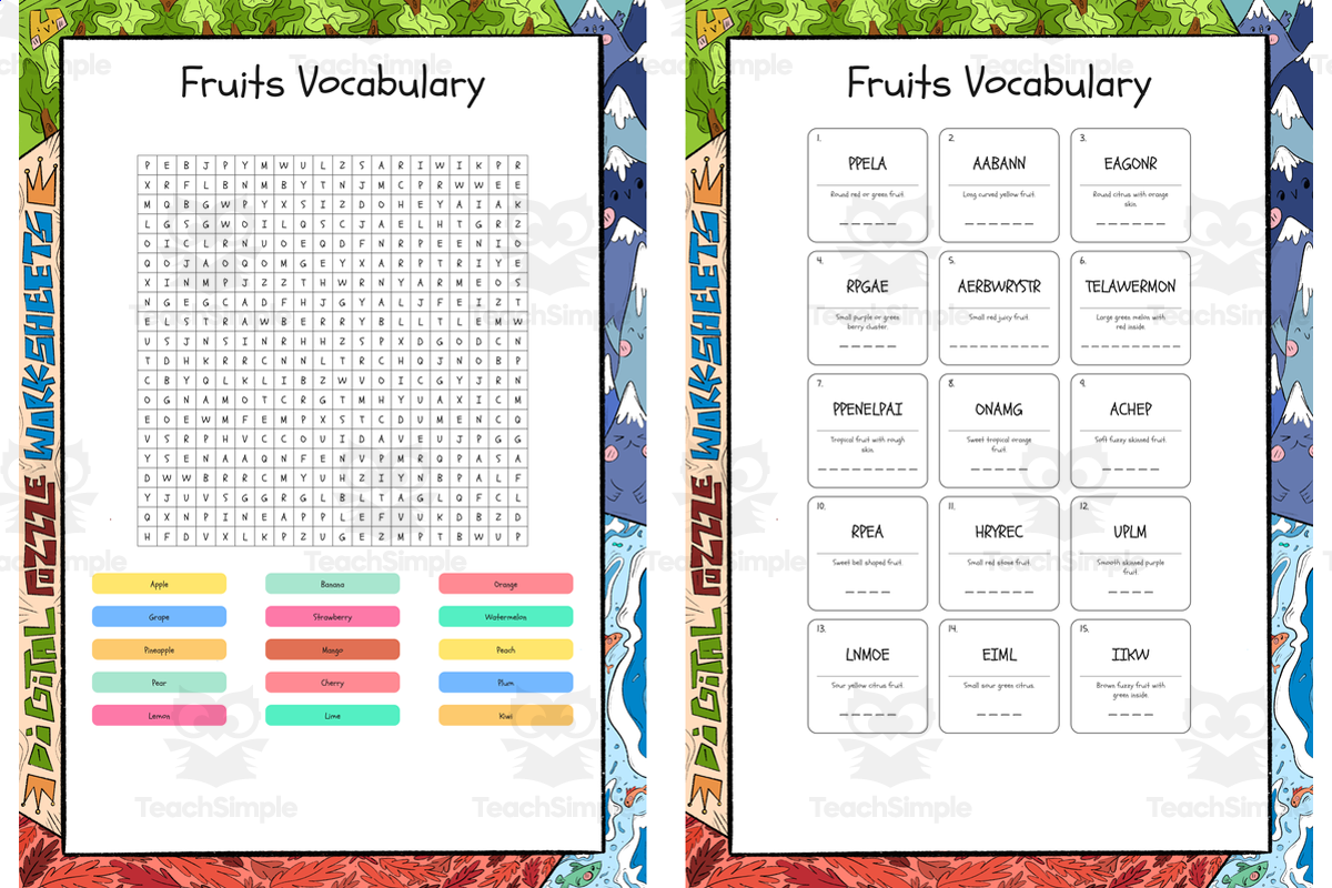 An educational teaching resource from Lapiiin Art Activities entitled Fruits Vocabulary word search, scramble and crossword puzzle downloadable at Teach Simple.