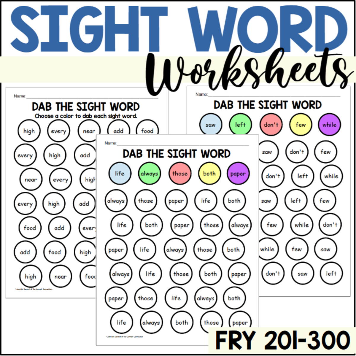 An educational teaching resource from The Connett Connection entitled Fry 201-300 Dab a Sight Word Worksheets downloadable at Teach Simple.