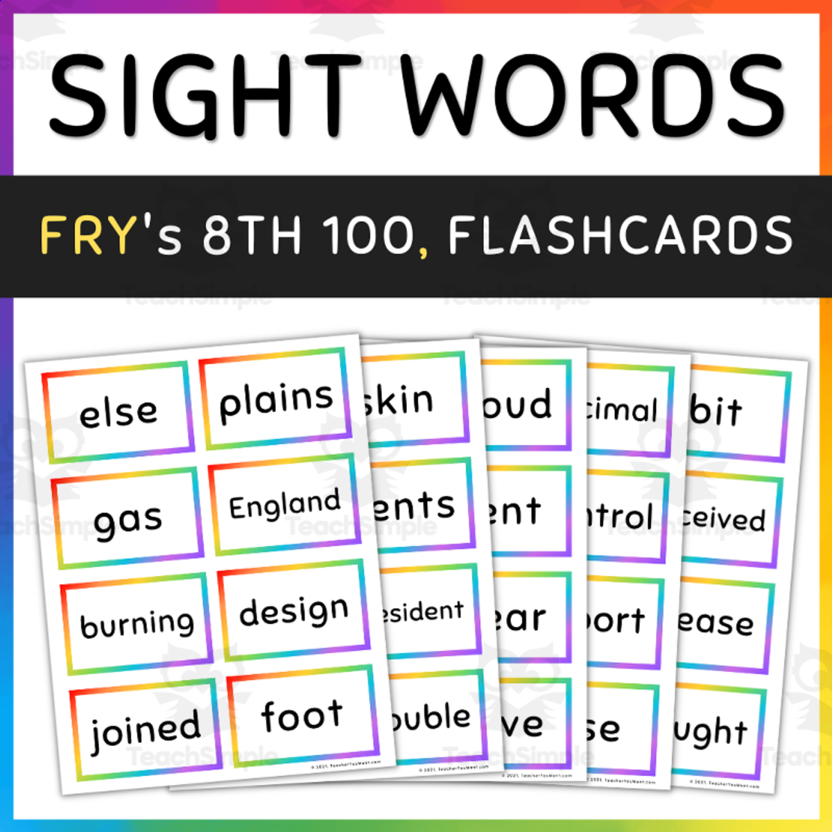 An educational teaching resource from TeacherYouWant entitled Fry Sight Words Flash Cards Rainbow Borders, 8th 100 downloadable at Teach Simple.